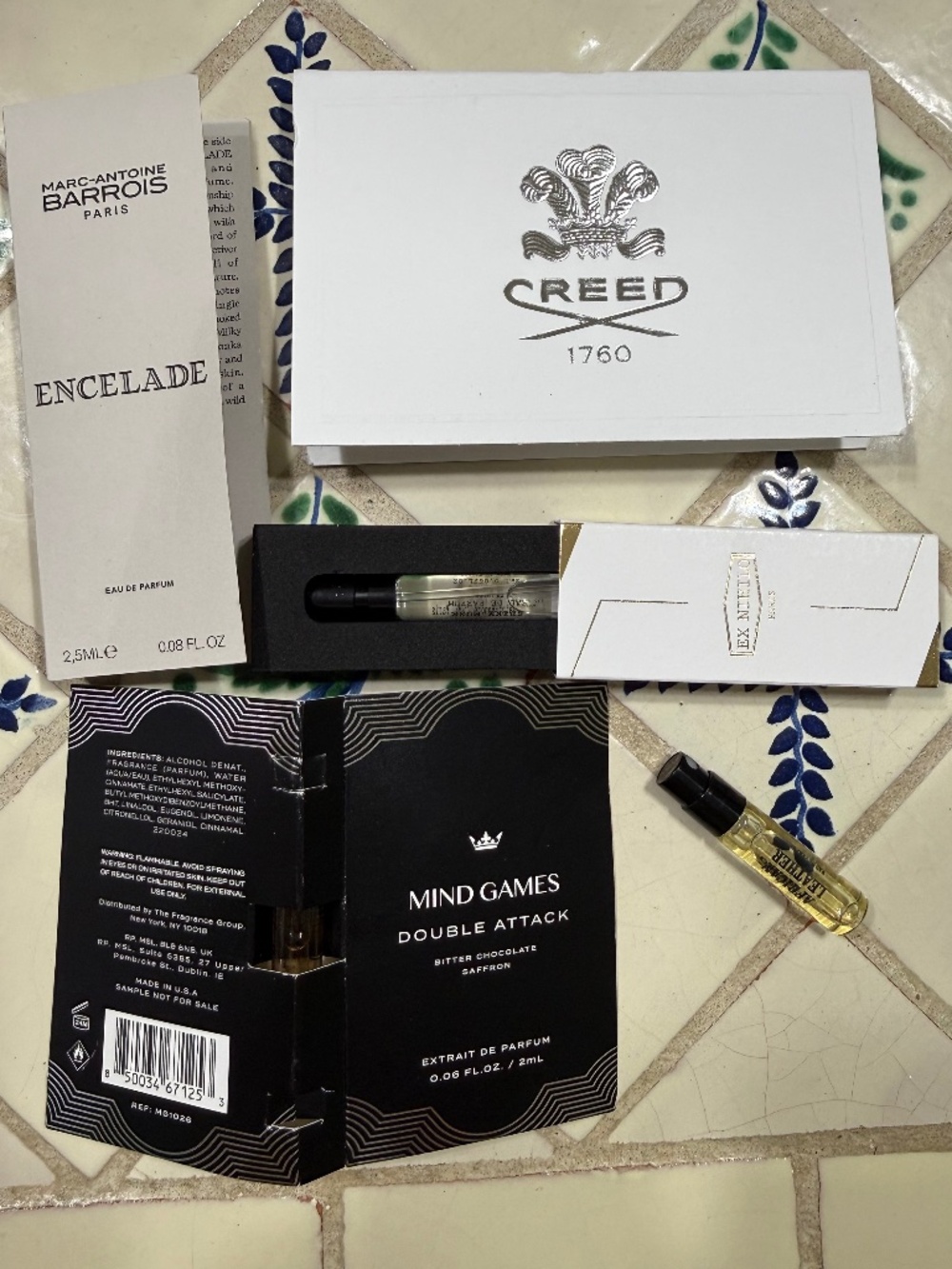 5 Lux perfume samples: Creed, Marc Antoine Barrois, Mind Games,Ex Nihlio, Memo